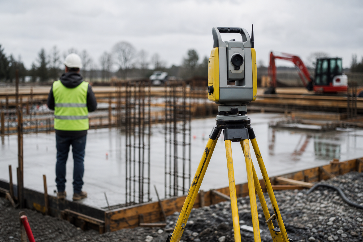 Robotska totalna stanica na stativu uz armirane temelje na gradilištu
