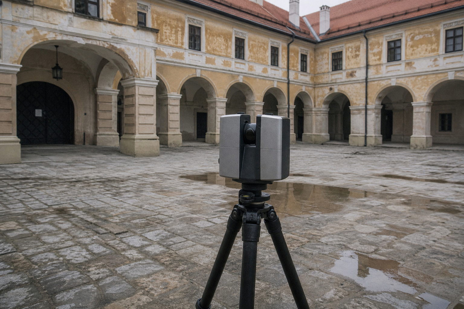 3D laserski skener na stativu u dvorištu barokne zgrade s arkadama